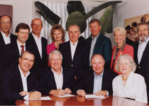 The New Ocean Reef Club, 1993:  front: Tom Davidson, Bob Kilby, Alan Goldstein, Sis Kelm; back: Dick Blacklidge, Attorney Tom Hanson, John Zick, Debra Leible (administration), George Manos, Bob Morgan, Rene Reidle (administration), Howard K. Howard